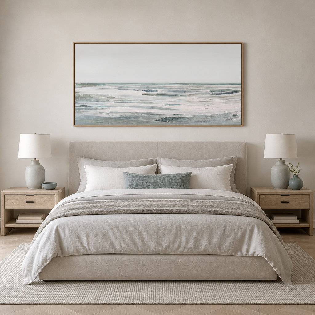 White Day Horizon Large Canvas Art above a king bed