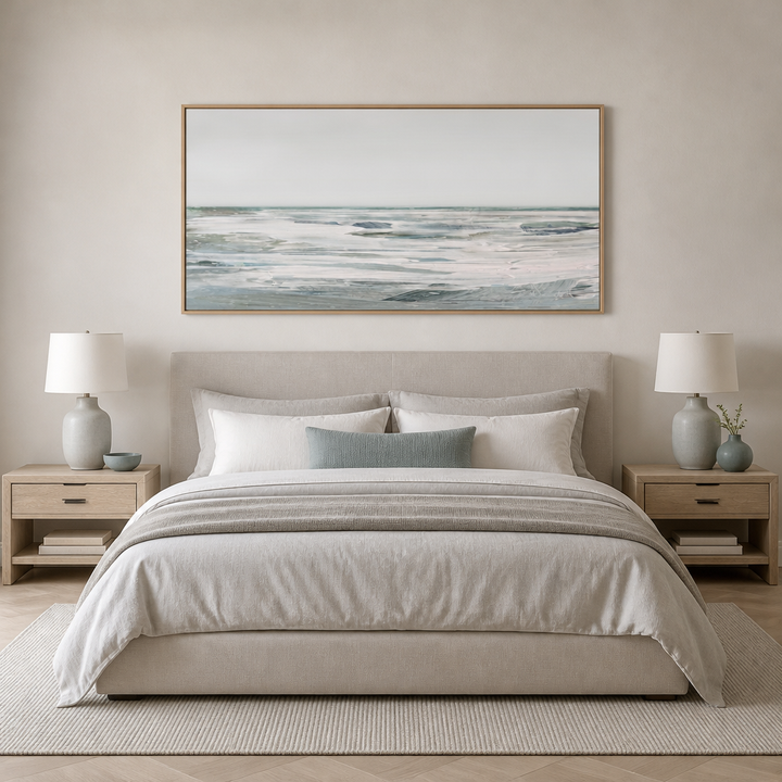 White Day Horizon Large Canvas Art above a king bed