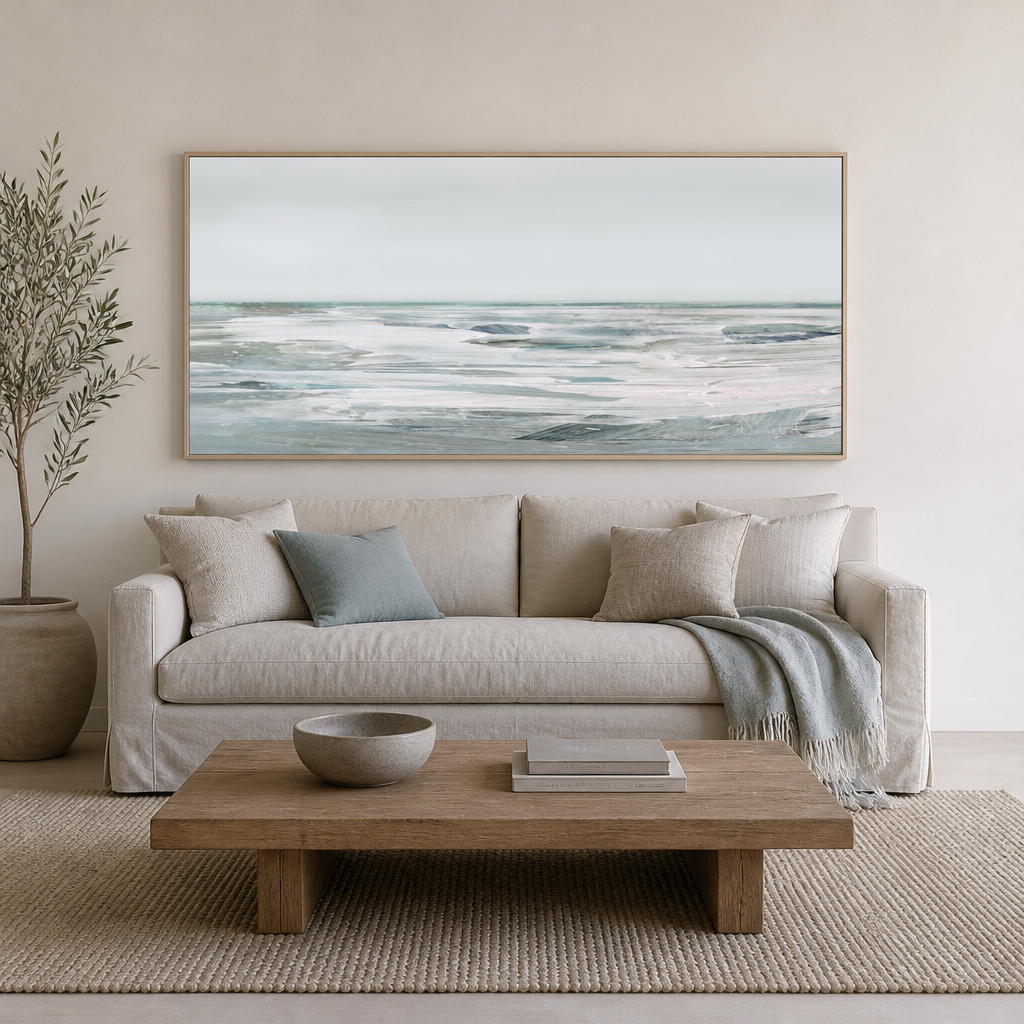 White Day Horizon Large Canvas Art above a living-room couch