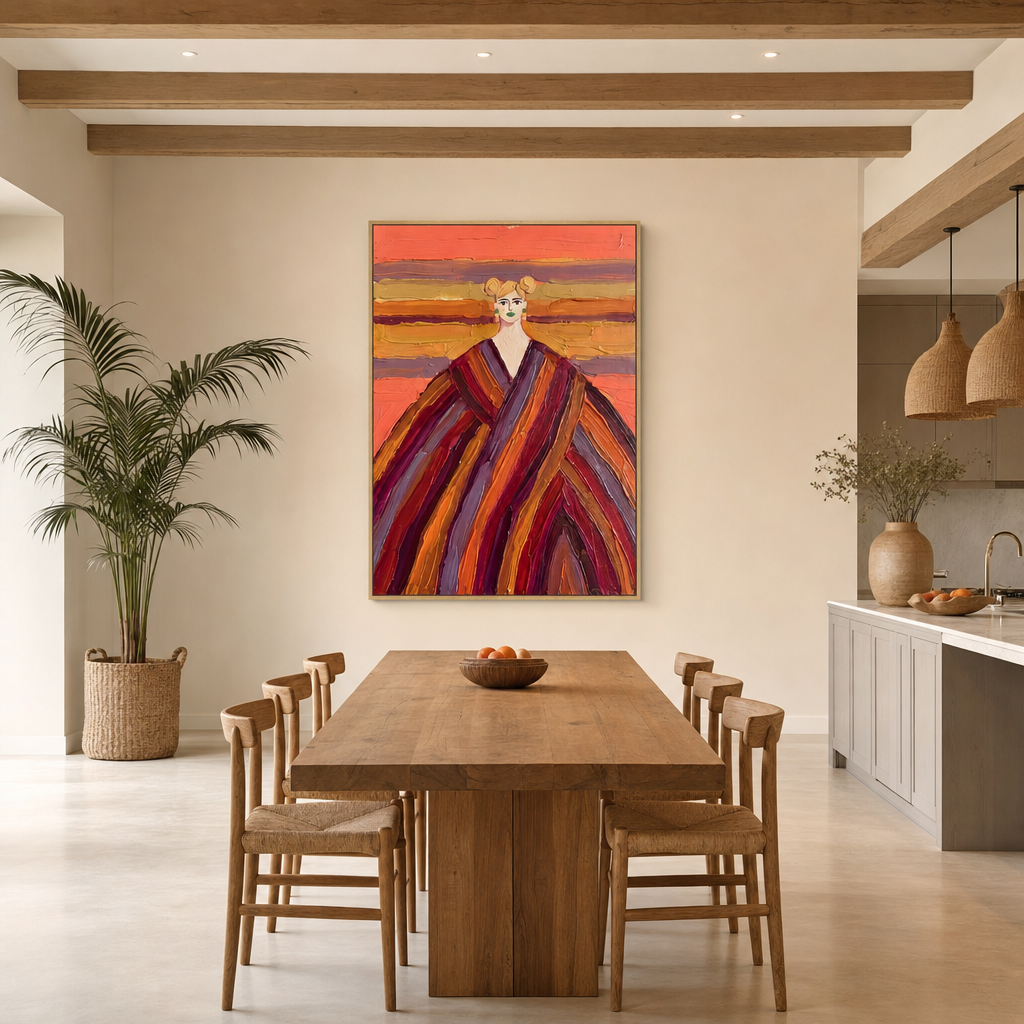 Woman in Bold Stripes Large Canvas Art on a kitchen and dining wall