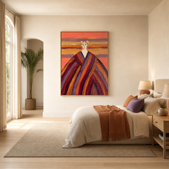 Woman in Bold Stripes Large Canvas Art on a large bedroom wall
