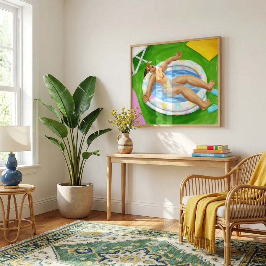 Woman Relaxing in Kiddie Pool Art Print in a room setting