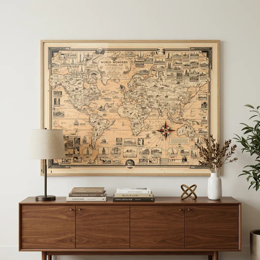 Room mockup featuring World Wonders A Pictorial Map Art Print