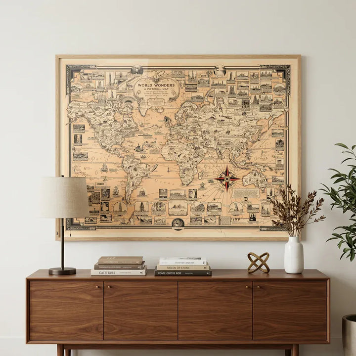 Room mockup featuring World Wonders A Pictorial Map Art Print