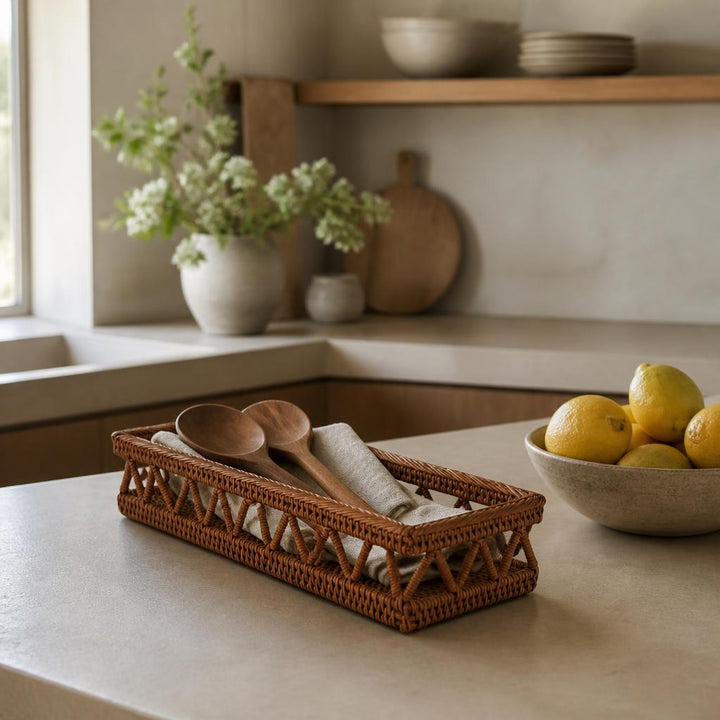 Fine Rattan Cutlery Tray styled in a room