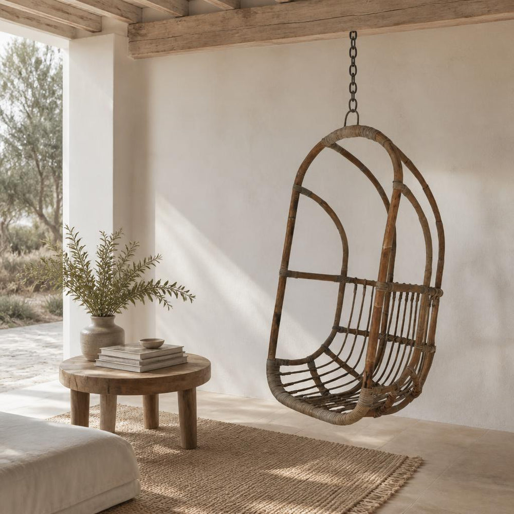 Hanging Rattan Egg Chair styled in a room