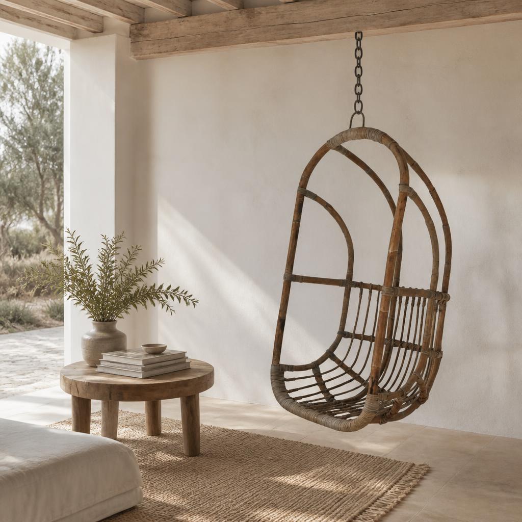 Hanging Rattan Egg Chair shown in a styled room