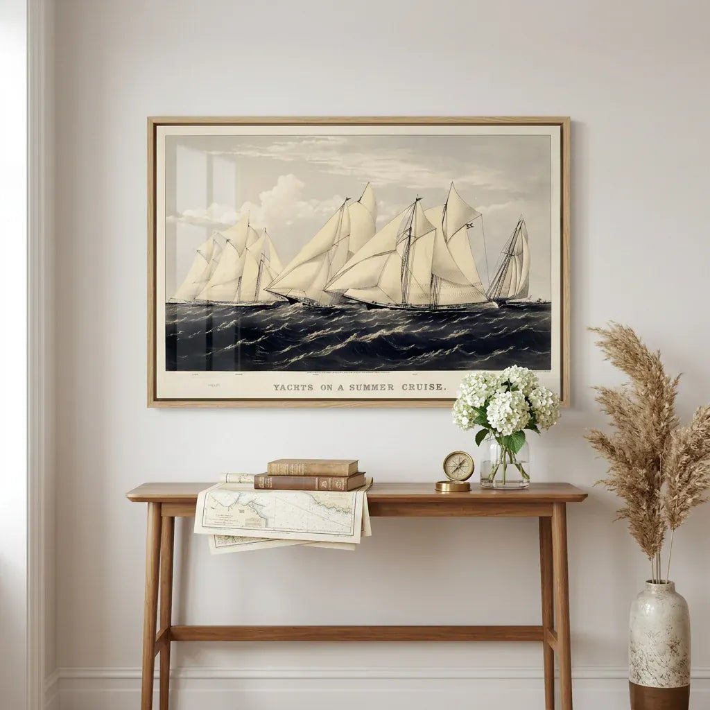 Room mockup featuring Yachts on a Summer Cruise Coastal Art Print