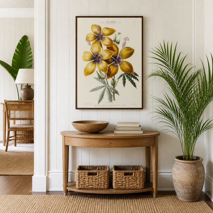 Yellow Hibiscus Vintage Botanical Art Print in a styled room