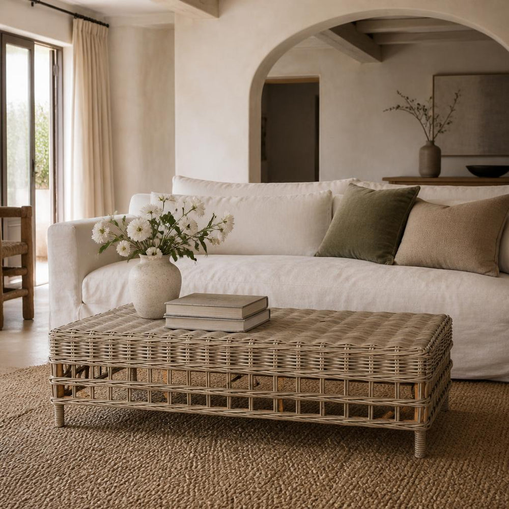 Rattan Ottoman Bench styled in a room