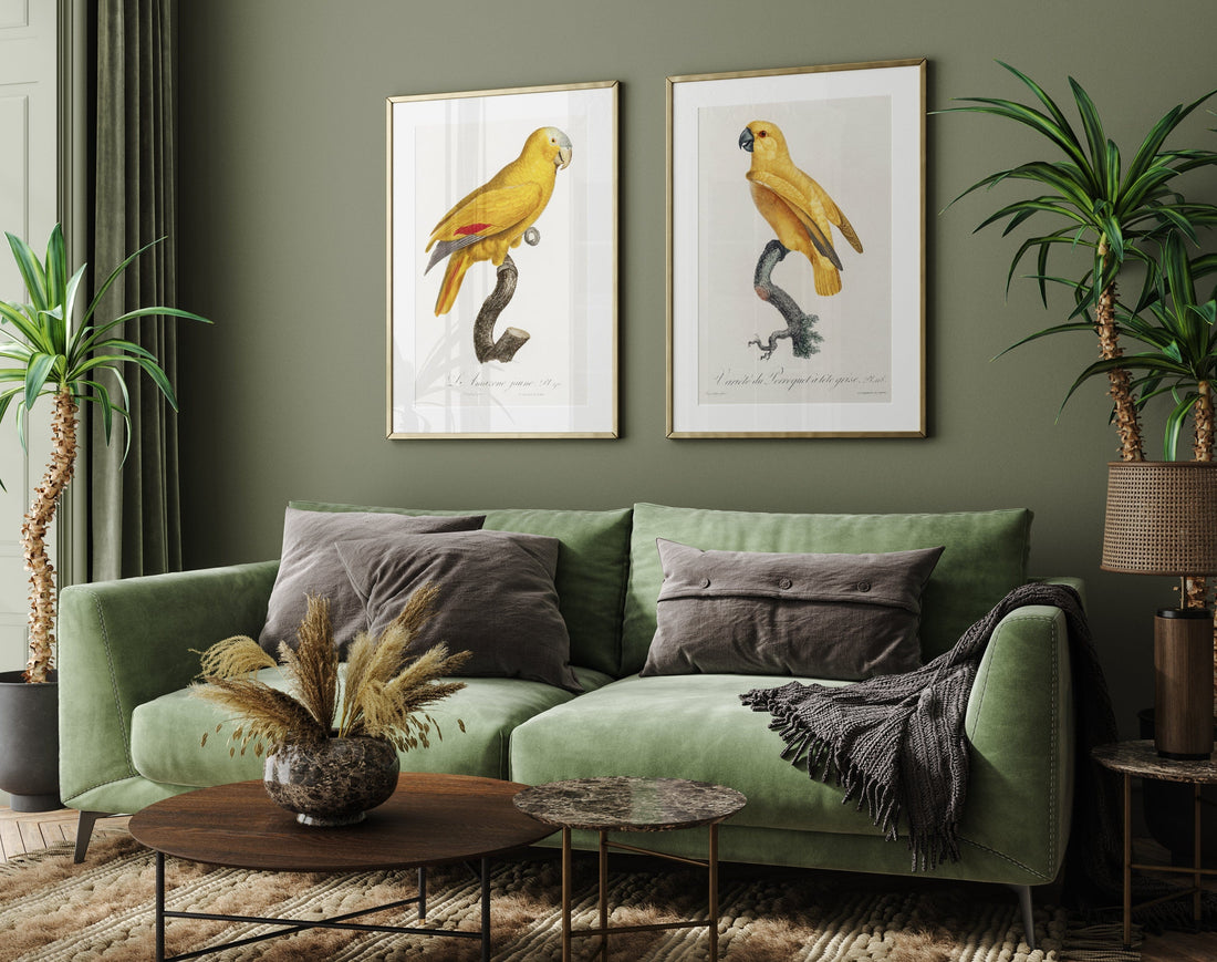 Pair of Bright Yellow Parrot Art Prints shown in a styled room