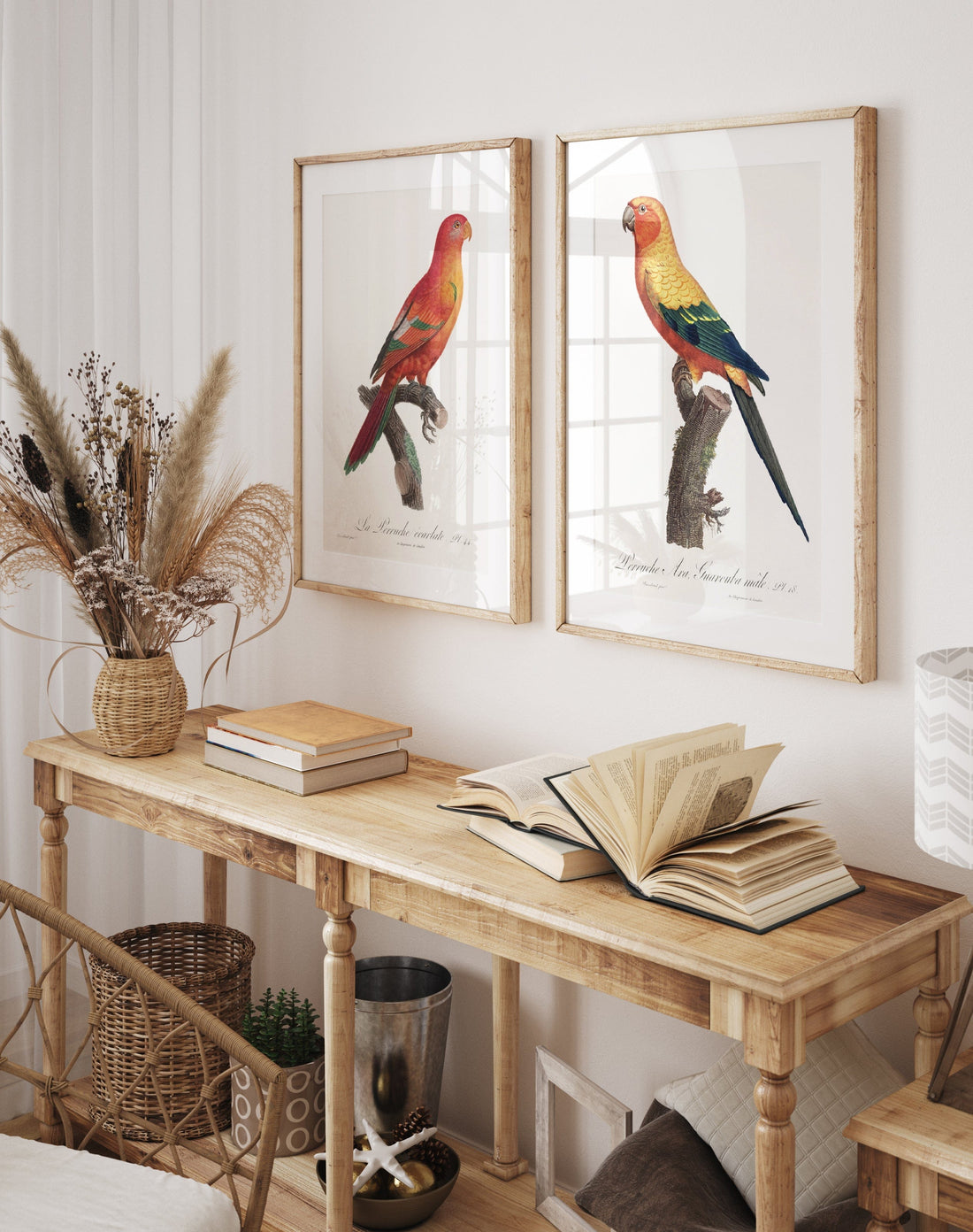 Pair of Brightly Coloured Parrot Art Prints shown in a styled room