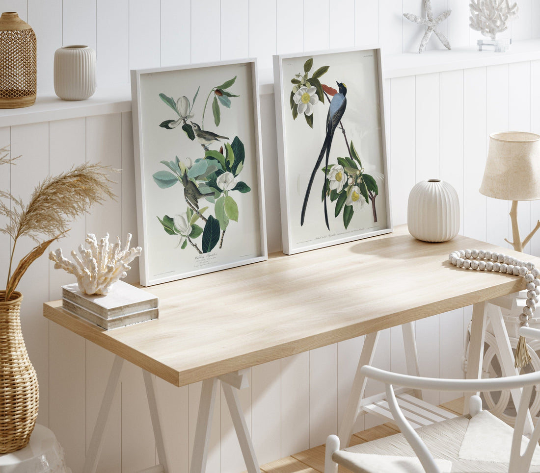 Pair of Fly-catcher Art Prints shown in a styled room