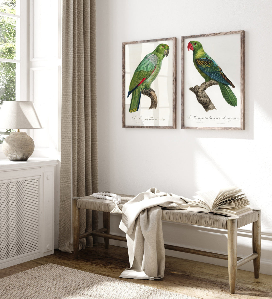 Pair of Luscious Green Parrot Art Prints shown in a styled room