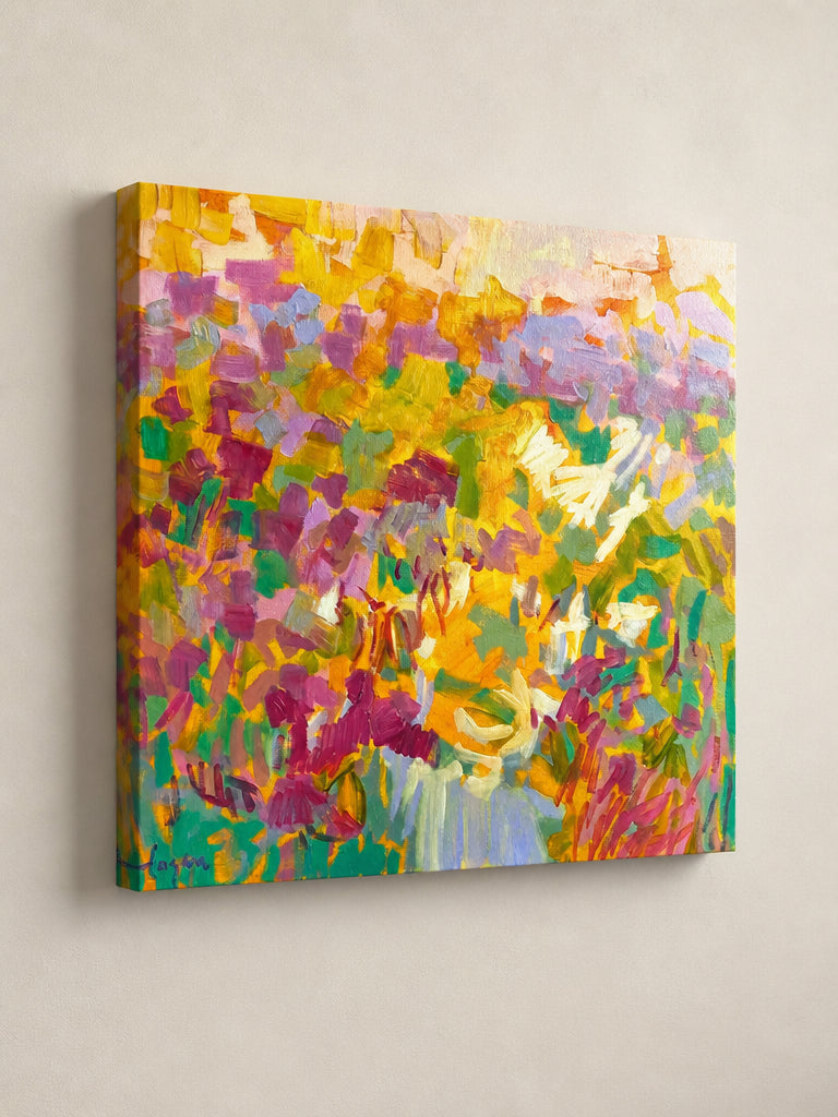 Bold & Colourful art print shown on a mirror-wrap canvas