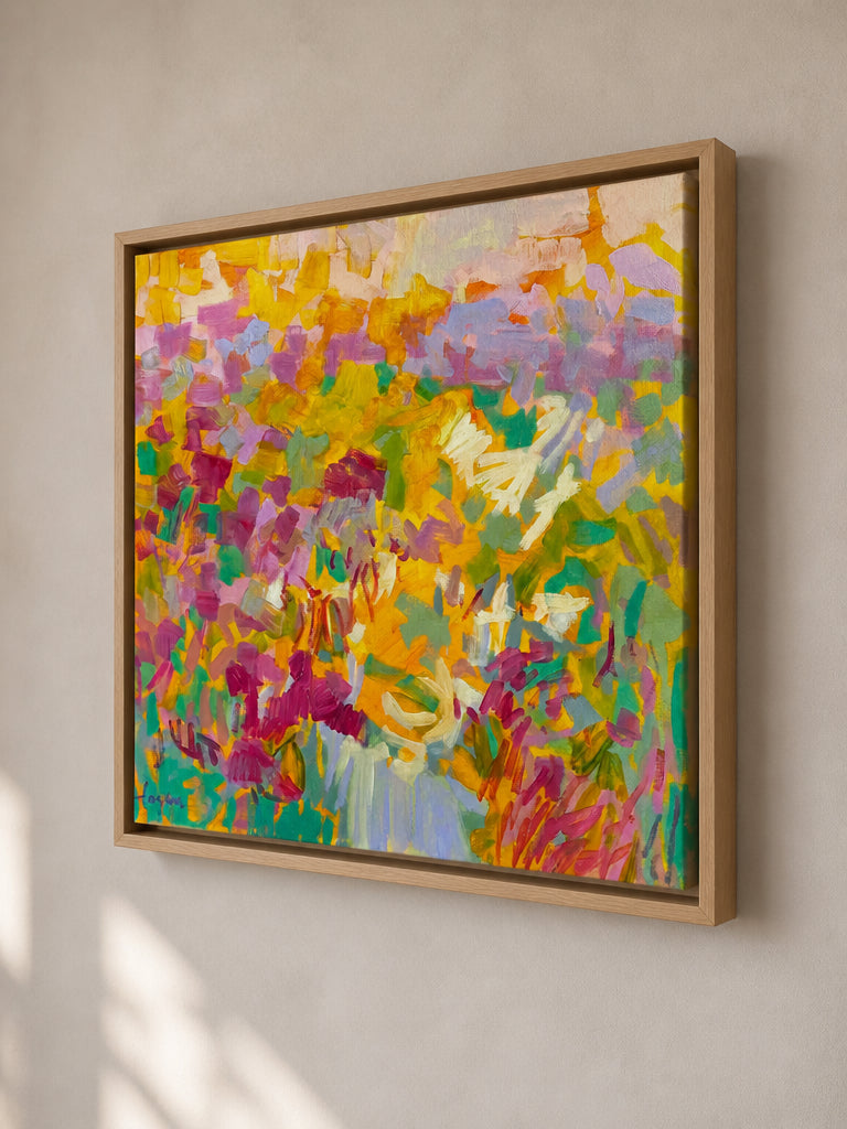 Canvas print set inside a slim light-oak timber floater frame on a neutral wall