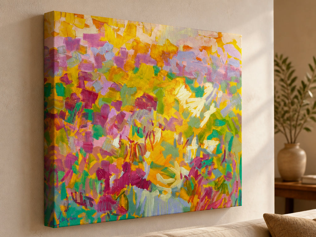 Mirror-wrapped canvas art print hanging in a warm Cape Town living room