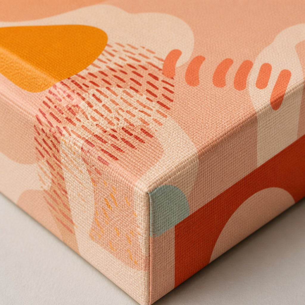 Close-up of a mirror-wrap canvas edge, the border image mirrored around the deep timber side