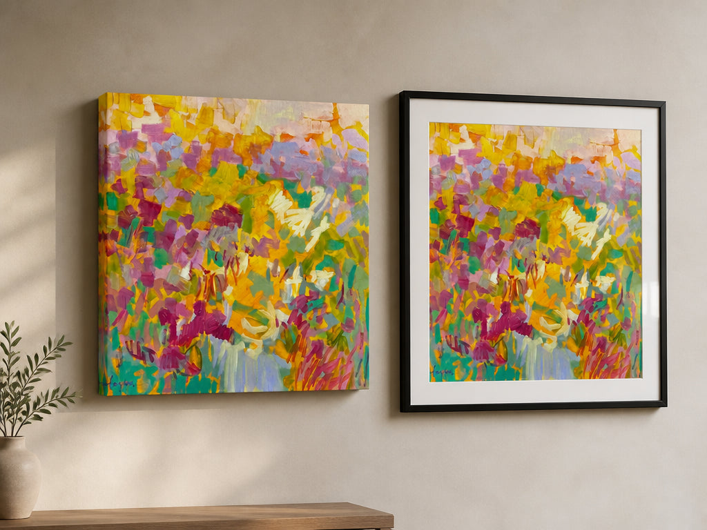 The same artwork shown as a mirror-wrapped canvas beside a framed print under glass